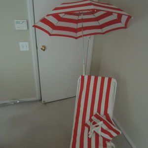 Vintage Sling Style Beach Chair + Matching Umbrella Portable Folding Outdoor Set